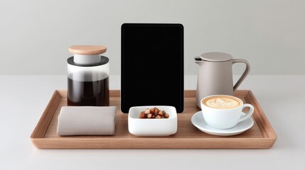 Wooden Tray with Coffee Service and Tablet