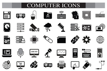 Computer icon set. Computer, network, website, server, web design, monitor, smartphone, tablet and laptop and programming, icons vector collection.