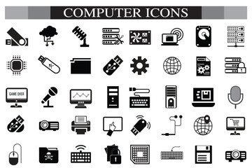 Computer icon set. Computer, network, website, server, web design, monitor, smartphone, tablet and laptop and programming, icons vector collection.