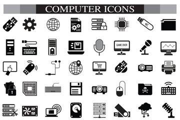 Computer icon set. Computer, network, website, server, web design, monitor, smartphone, tablet and laptop and programming, icons vector collection.