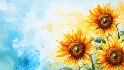 Obraz premium Watercolor-style sunflowers against a soft blue and yellow background
