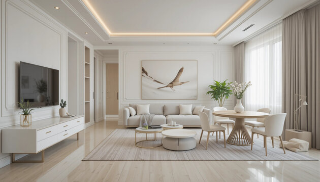 White hotel living room interior with drawer and dining table, mockup frame