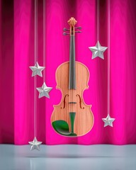 Wooden Violin with Silver Stars Hanging Against a Pink Curtain