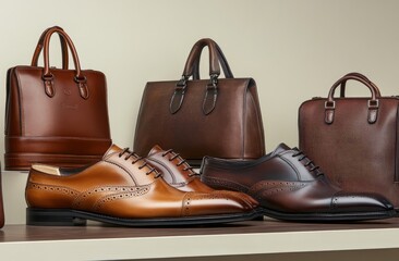 Brown leather shoes and bags on display