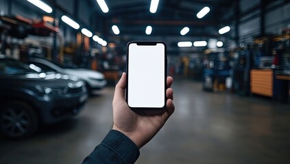 Close-up of hand holding phone in auto repair shop