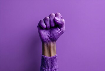 Raised purple fist of a woman for international women's day and the feminist movement. March 8 for feminism, independence, freedom, empowerment, and activism for women rights. High quality