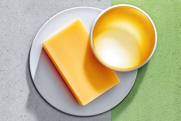 Yellow and Orange Soap and Cleanser on Concrete and Green Background