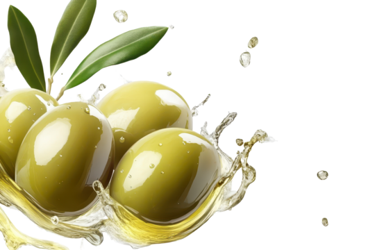 Fresh green olives splash in olive oil with leaves, showcasing vibrant color and natural freshness from the Mediterranean