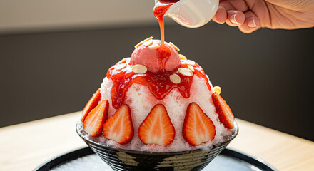 Japanese shaved ice dessert , Hand pouring sweet strawberry sauce on ice cream. Served with strawberry kakigori bingsu topped with almond stick condensed milk. Traditional summer dessert in Japan.