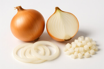 Onion sliced diced with onion rings fresh aromatic healthy vegetable isolated on white background
