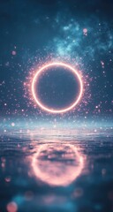 Neon circle floating above water, reflected
