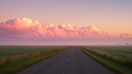 Straight road leading to sunset horizon under dramatic pink clouds in rural countryside. Transportation landscape concept - Powered by Adobe