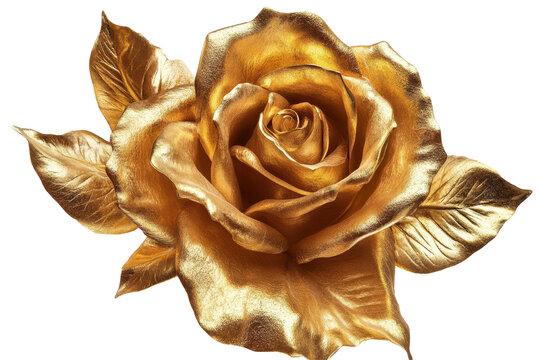 Gold rose isolated on transparent background showcasing intricate petals and leaves, perfect for decorative or artistic designs to enhance visual appeal