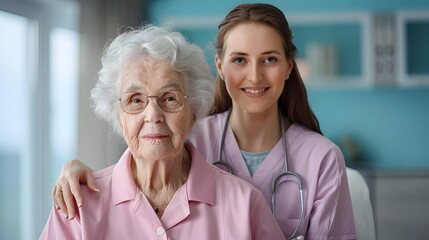 Caregiver and Elderly Woman Smiling Together in Bright Room