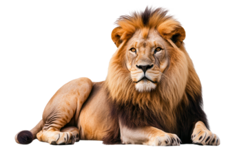 Stunning lion resting majestically on a transparent background with a captivating mane showcasing strength and beauty