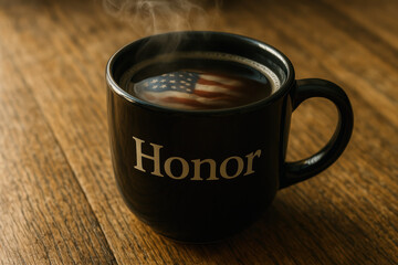 Steaming cup with honor text and american flag reflection, patriotic coffee on rustic wooden table