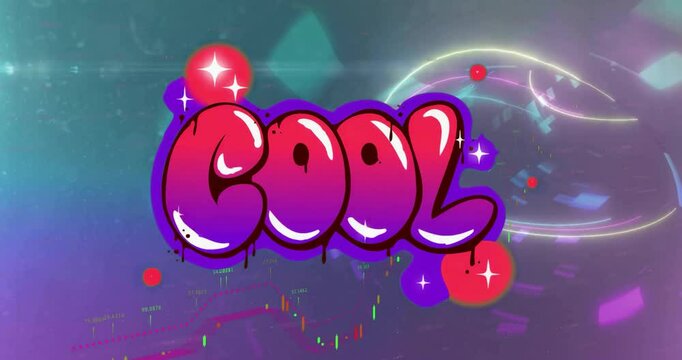 Glow pulsing neon trails swirling around COOL graffiti, orbs drifting and bars flickering for flow