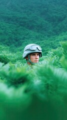 Young Asian Soldier in Camouflage Concealed Amidst Lush Green Foliage