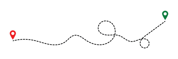 Line route with map pointer location trip way design vector. Route icon between two points with dotted path and location pin. Location pointer continuous one line drawing. GPS navigation in eps 10.