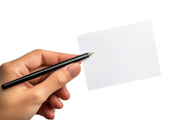 Hand holding a blank piece of paper with a pen ready for writing isolated on a transparent background to showcase creativity and expression