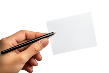 Hand holding a blank piece of paper with a pen ready for writing isolated on a transparent background to showcase creativity and expression