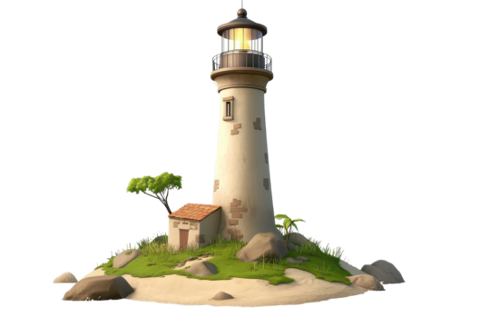 Lighthouse standing alone on a small island surrounded by water, featuring a quaint cottage on the shore and lush greenery in a serene coastal setting