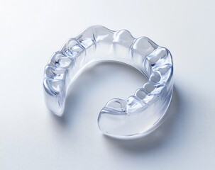 Clear plastic mouthguard, slightly curved, sits on a plain white surface