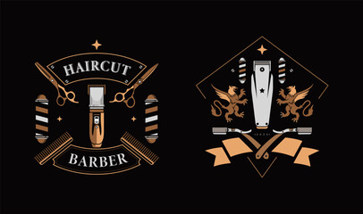 A collection of luxury barber shop vector logos featuring classic grooming tools like hair clippers, scissors, barber poles, and golden heraldic lions, perfect for upscale hair salon branding