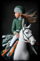 Young Girl in Green Riding a White Hobbyhorse Against a Dark Background