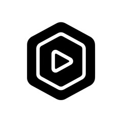 Hexagon-shaped play button icon for media or video interface in solid black vector style
