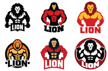 Six muscular lion fitness logos designs