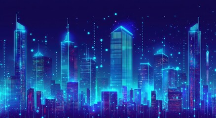 Futuristic city skyline at night, illuminated by glowing blue and cyan lights, with digital data streams connecting buildings