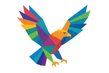 Geometric multicolor eagle flying, low-poly style graphic silhouette spreading wings against transparent backdrop