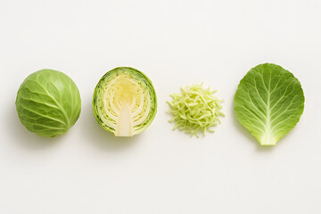Cabbage various stages preparation whole halved shredded leaf fresh green healthy vegetable isolated on white background