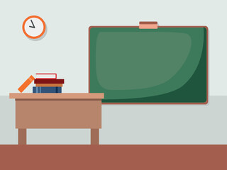 Classroom with table, blackboard. Interior of school, university, college. Vector illustration of the interior of a study room for background, print, web.	
