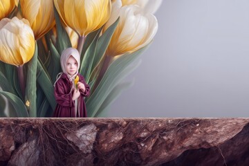 Young Girl with Yellow and White Tulips