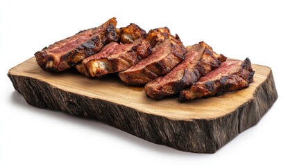 Sliced grilled steak on rustic wooden board