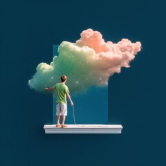 Young Man Painting a Cosmic Cloudscape