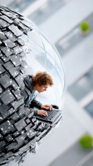 Young Man Typing on Glowing Mechanical Keyboard Inside a Grey Sphere