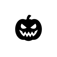 Fototapeta premium Evil jack-o-lantern icon with sharp teeth and frowning eyes in flat black silhouette