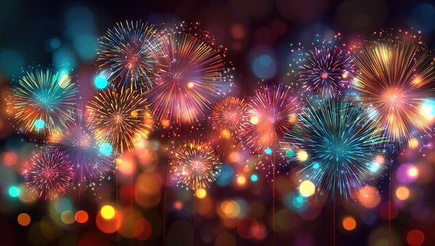 Abstract new year background with colorful fireworks and christmas lights. Vector festive illustration. High quality