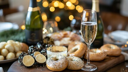New Year brunch spread with sparkles, champagne, and bagels,
