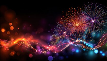 Abstract new year background with colorful fireworks and christmas lights. Vector festive illustration. High quality