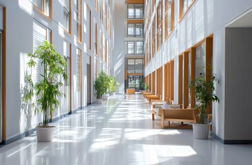 Bright, modern, open-plan office hallway with light-filled space