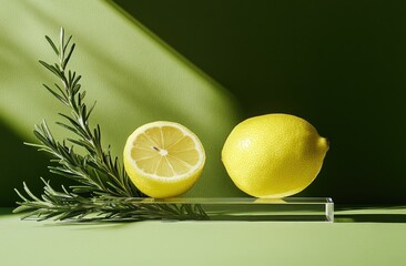 Fresh lemon halves and rosemary on a light green backdrop
