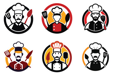 Six culinary chef logo designs with utensils