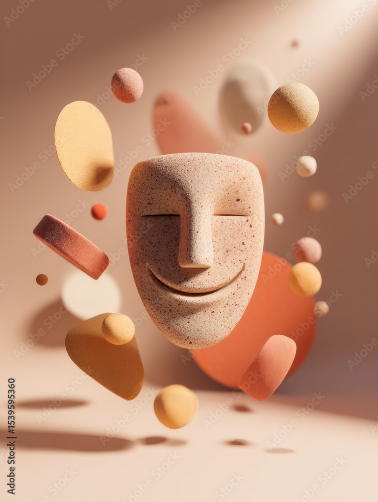 Poster Smiling Clay Face Surrounded by Colorful Abstract Shapes in a Minimalist Environment