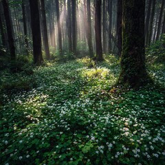 Obraz premium A carpet of clover and tiny white flowers in a quiet forest clearing, sunbeams breaking through tall trees