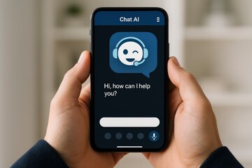 Hands Holding Mobile Device Displaying Dark Mode Interface with AI Headset Icon and Help Prompt