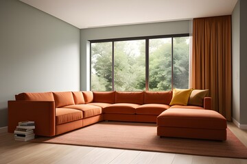 3D rendering.Front view sofa and plant in a living room on colour background.